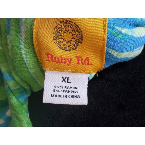 Ruby Rd. Blouse Top Womens XL White Blue Palm Leafs Side Slit Keyhole Round Neck - Picture 3 of 13